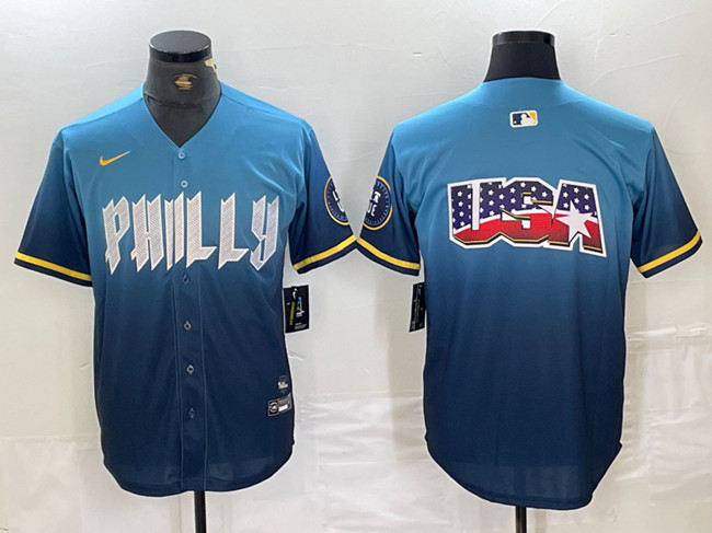 Men's Philadelphia Phillies Blue Team Big Logo 2024 City Connect Limited Stitched Baseball Jersey